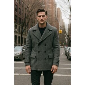 Soft‎ Cloth Men's Gray Wool Blend Double Breasted Pea Coat Classic Preppy Jacket